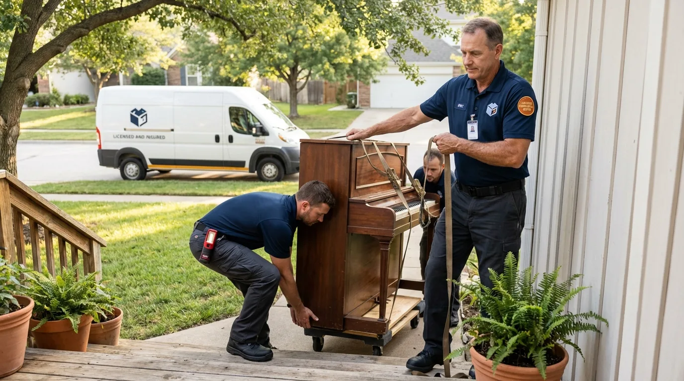 Licensed piano movers securing grand piano in Randolph, NY